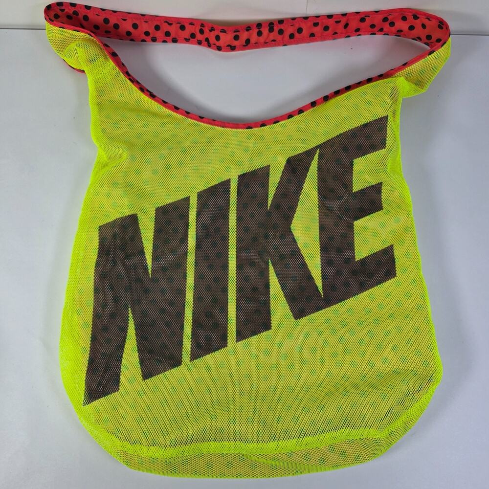 Nike Reversible Mesh Tote Bag Neon Yellow Pink Polka Dot Large Logo Beach Gym